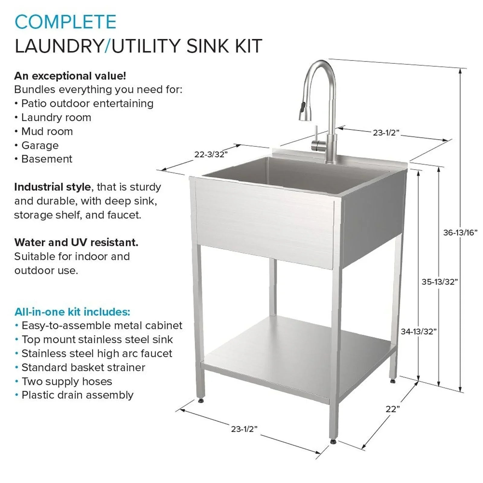 24-in W x 22-in D x 35-in H Stainless Steel Laundry Sink and Wash Stand