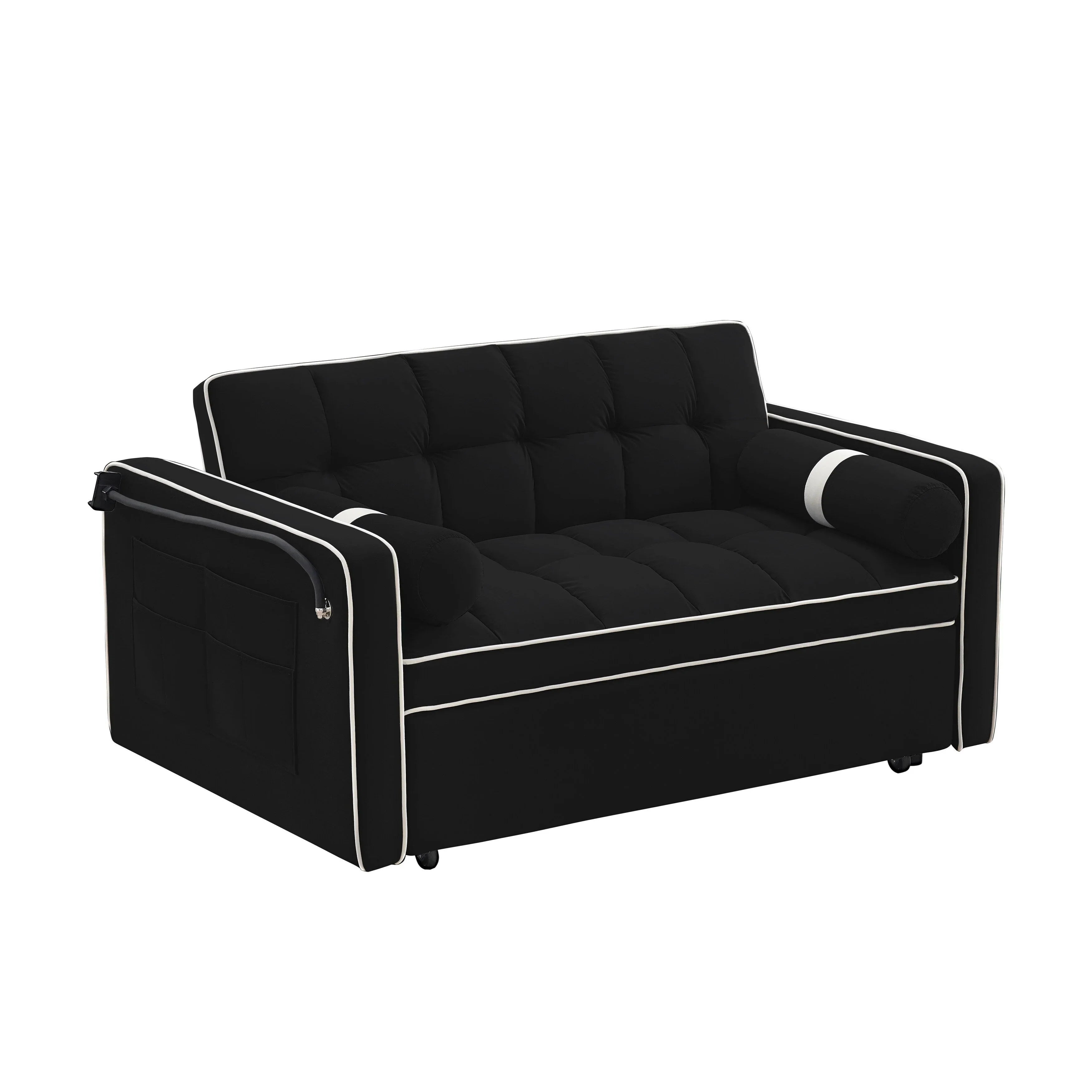 Velvet Convertible 55'' 2-Seater Sleeper Sofa with Pull-Out Bed, Adjustable Recline, Side Pockets, and Phone Holder
