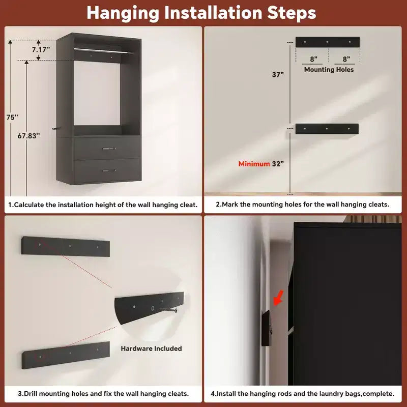 Freestanding Closet System with 8 Hannging Rods and Drawers, Hanging Closet Organizer with 10 Shelves