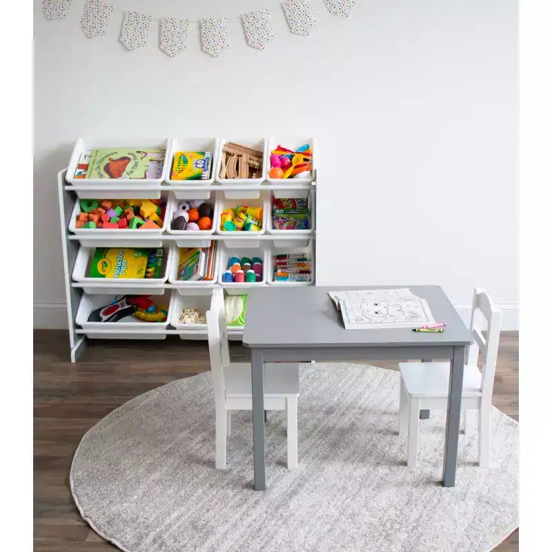 Organizzatore giocattoli per bambini Soho con 16 contenitori portaoggetti grigio/bianco - Humble Crew: Scaffali con contenitori in MDF, 4 ripiani, hardware antiribaltamento