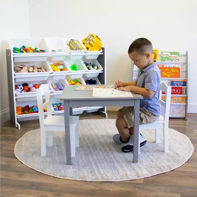 Organizzatore giocattoli per bambini Soho con 16 contenitori portaoggetti grigio/bianco - Humble Crew: Scaffali con contenitori in MDF, 4 ripiani, hardware antiribaltamento