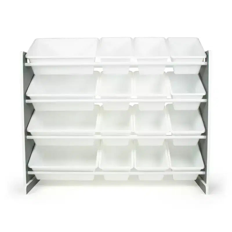 Organizzatore giocattoli per bambini Soho con 16 contenitori portaoggetti grigio/bianco - Humble Crew: Scaffali con contenitori in MDF, 4 ripiani, hardware antiribaltamento