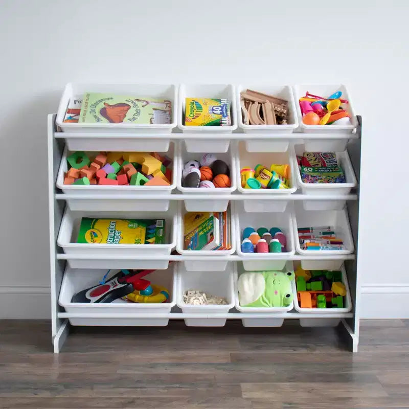 Organizzatore giocattoli per bambini Soho con 16 contenitori portaoggetti grigio/bianco - Humble Crew: Scaffali con contenitori in MDF, 4 ripiani, hardware antiribaltamento