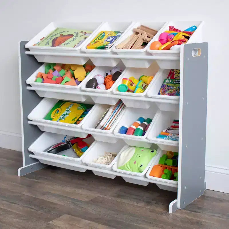 Organizzatore giocattoli per bambini Soho con 16 contenitori portaoggetti grigio/bianco - Humble Crew: Scaffali con contenitori in MDF, 4 ripiani, hardware antiribaltamento