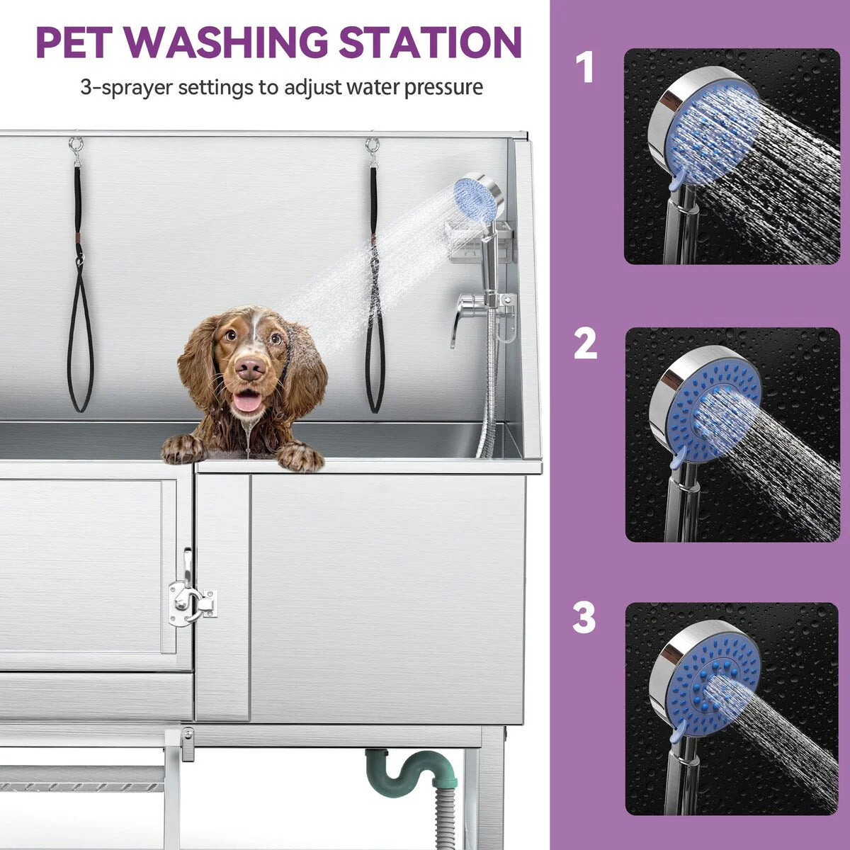 50'' W Stainless Steel Adjustable Pet Grooming Tub with Steps Ramp