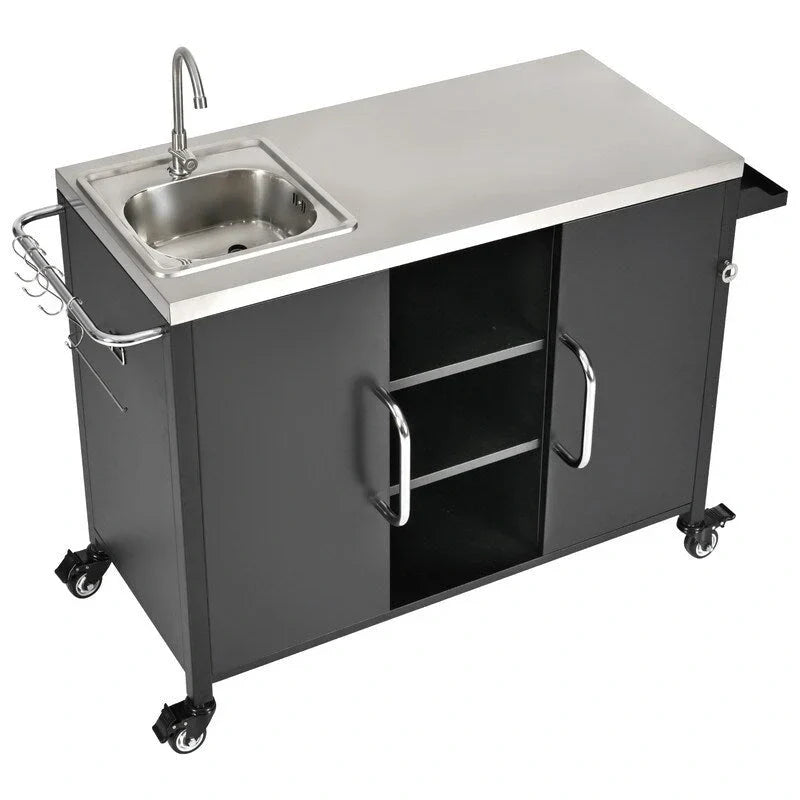 Outdoor Kitchen Island with Sink, Outdoor Bar Cart Sink Station with 4 Lockable Wheels
