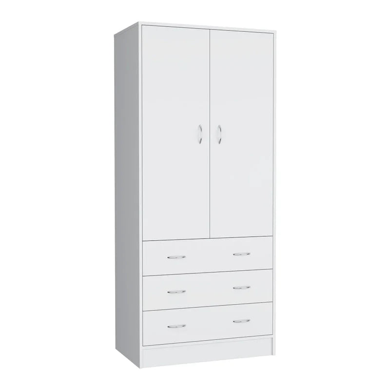 19  Modern Double-door Armoire with 3 Drawers and 1 Hanging Rod for Bedroom