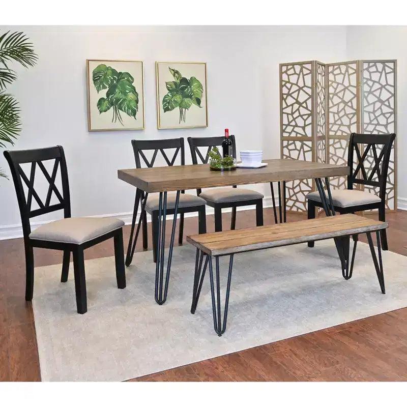 Set da pranzo Roundhill Furniture Arroyo, tavolo da pranzo Hairpin con 4 sedie con schienale a croce e panca, nero intenso, 6 pezzi
