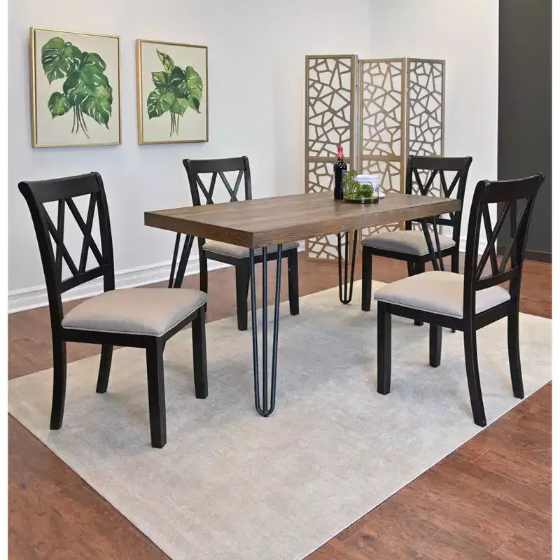 Set da pranzo Roundhill Furniture Arroyo, tavolo da pranzo Hairpin con 4 sedie con schienale a croce e panca, nero intenso, 6 pezzi