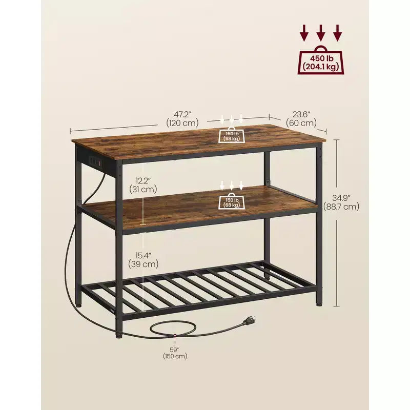 VASAGLE Isola da Cucina con 3 Ripiani, Scaffale da Cucina Largo 120 cm con Presa Elettrica, Piano di Lavoro Ampio, Struttura Stabile in Acciaio