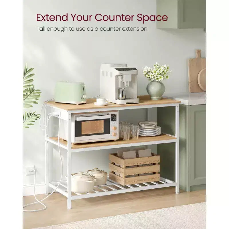 VASAGLE Isola da Cucina con 3 Ripiani, Scaffale da Cucina Largo 120 cm con Presa Elettrica, Piano di Lavoro Ampio, Struttura Stabile in Acciaio