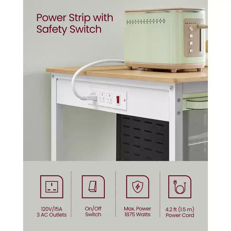 VASAGLE Isola da Cucina con 3 Ripiani, Scaffale da Cucina Largo 120 cm con Presa Elettrica, Piano di Lavoro Ampio, Struttura Stabile in Acciaio