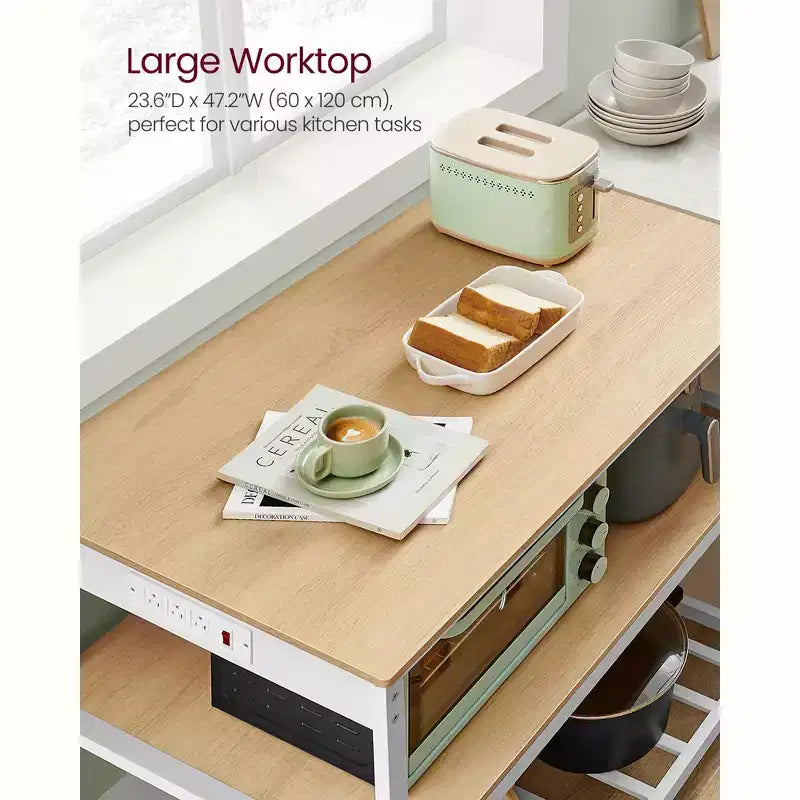 VASAGLE Isola da Cucina con 3 Ripiani, Scaffale da Cucina Largo 120 cm con Presa Elettrica, Piano di Lavoro Ampio, Struttura Stabile in Acciaio