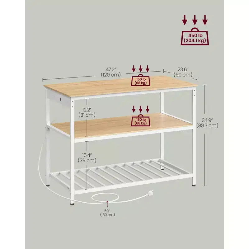 VASAGLE Isola da Cucina con 3 Ripiani, Scaffale da Cucina Largo 120 cm con Presa Elettrica, Piano di Lavoro Ampio, Struttura Stabile in Acciaio