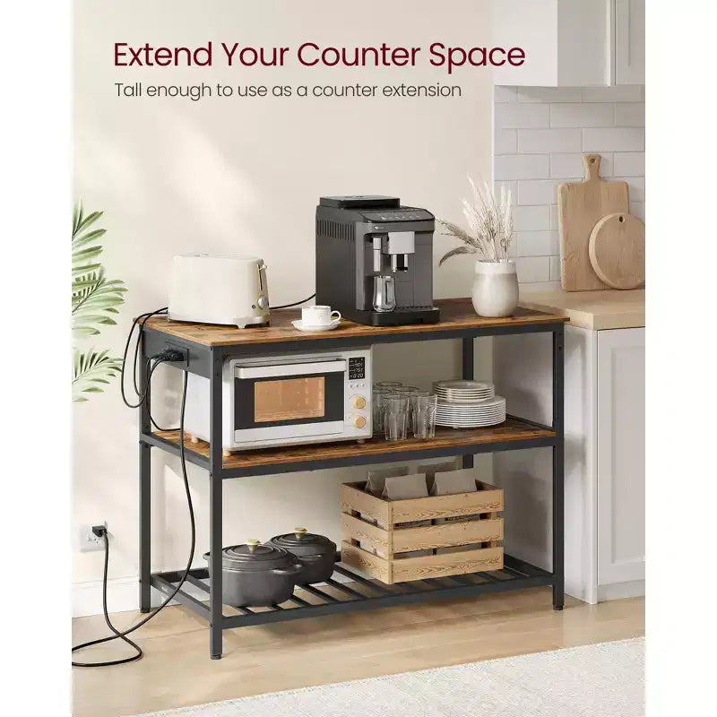 VASAGLE Isola da Cucina con 3 Ripiani, Scaffale da Cucina Largo 120 cm con Presa Elettrica, Piano di Lavoro Ampio, Struttura Stabile in Acciaio