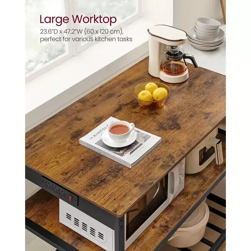 VASAGLE Isola da Cucina con 3 Ripiani, Scaffale da Cucina Largo 120 cm con Presa Elettrica, Piano di Lavoro Ampio, Struttura Stabile in Acciaio