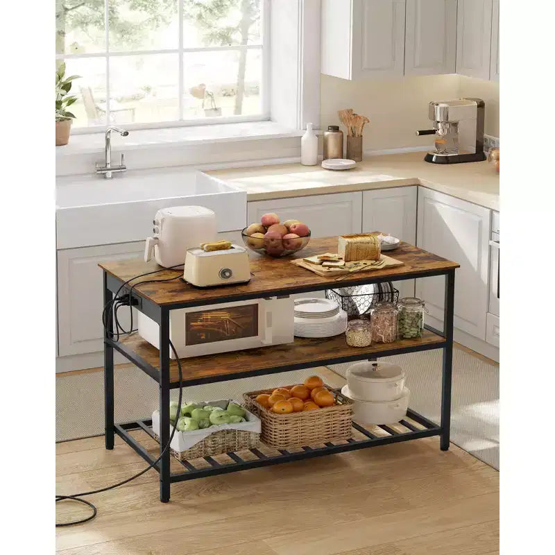 VASAGLE Isola da Cucina con 3 Ripiani, Scaffale da Cucina Largo 120 cm con Presa Elettrica, Piano di Lavoro Ampio, Struttura Stabile in Acciaio