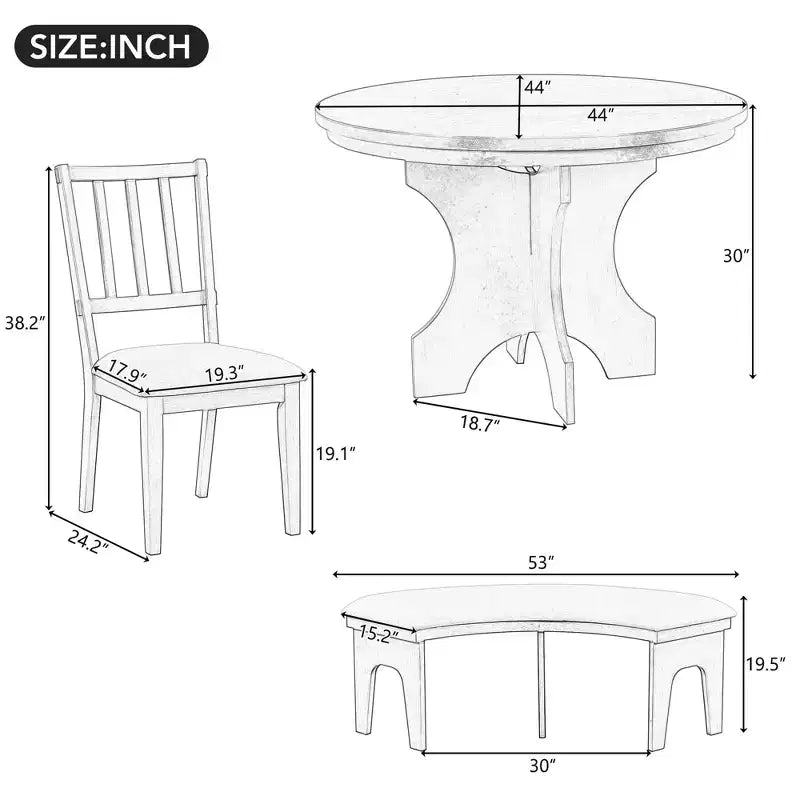 Whisen Set da pranzo rotondo Rustic Charm 5 pezzi con 3 sedie imbottite e panca curva per sala da pranzo, cucina