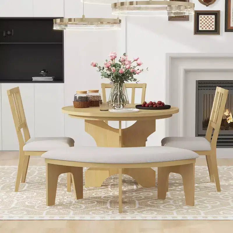 Whisen Set da pranzo rotondo Rustic Charm 5 pezzi con 3 sedie imbottite e panca curva per sala da pranzo, cucina