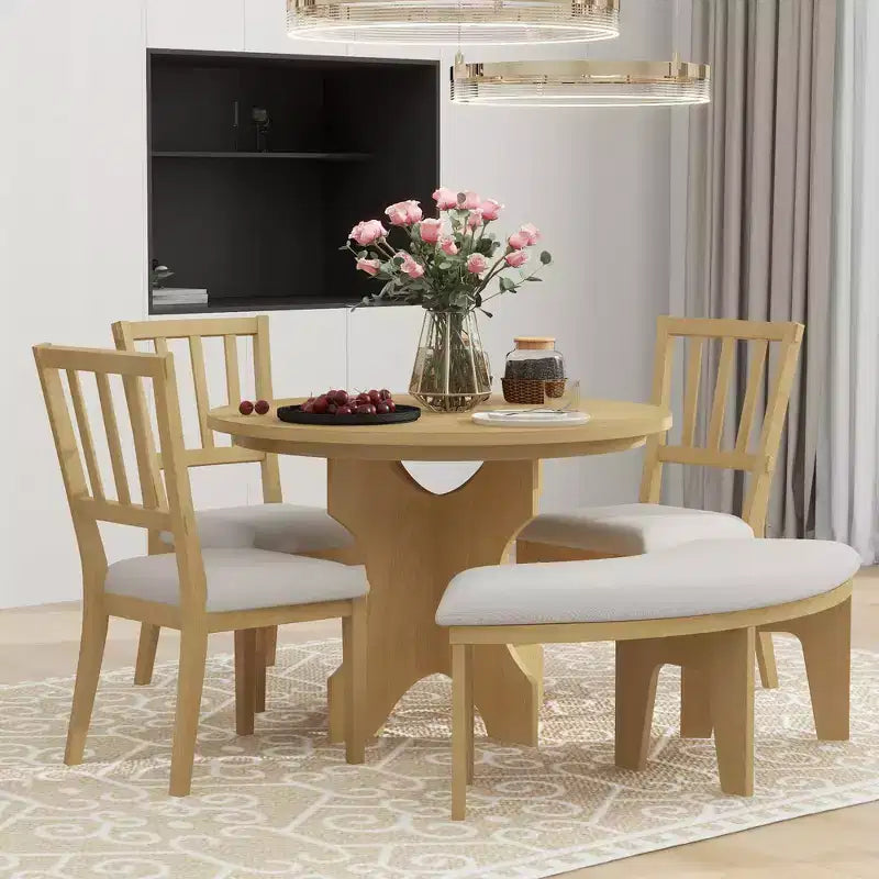 Whisen Set da pranzo rotondo Rustic Charm 5 pezzi con 3 sedie imbottite e panca curva per sala da pranzo, cucina