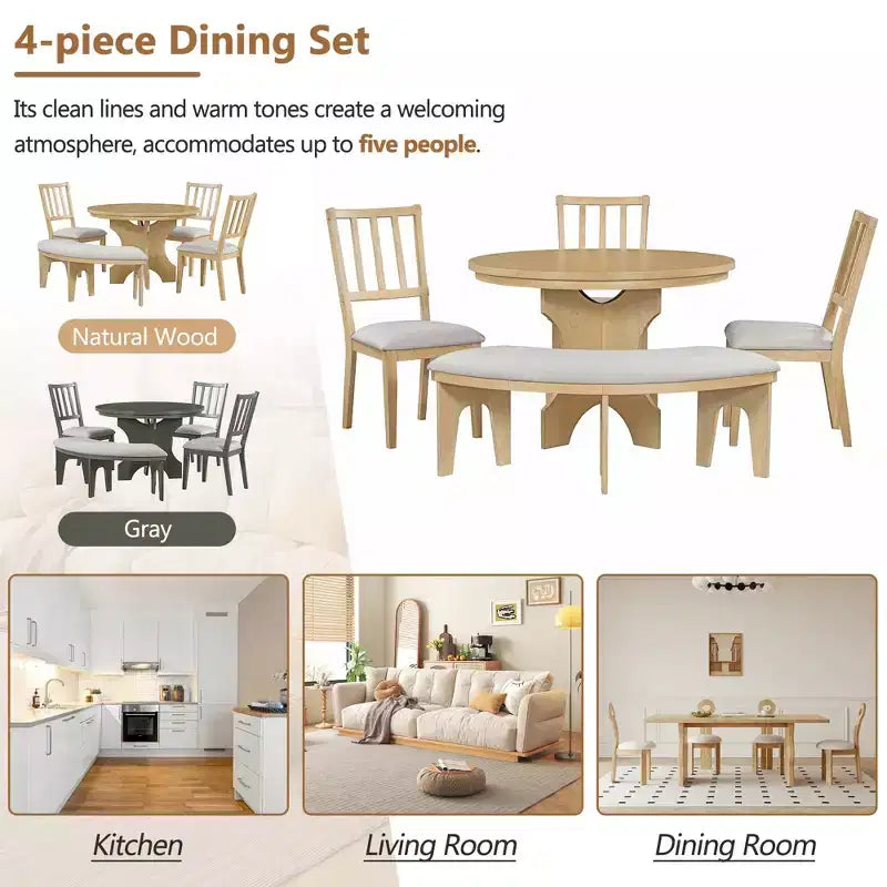 Whisen Set da pranzo rotondo Rustic Charm 5 pezzi con 3 sedie imbottite e panca curva per sala da pranzo, cucina