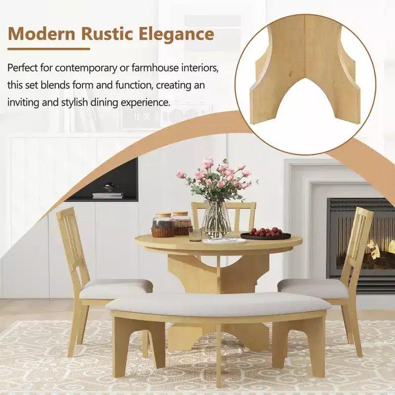 Whisen Set da pranzo rotondo Rustic Charm 5 pezzi con 3 sedie imbottite e panca curva per sala da pranzo, cucina