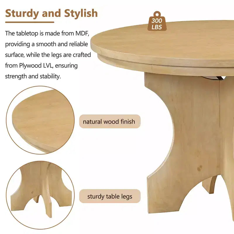 Whisen Set da pranzo rotondo Rustic Charm 5 pezzi con 3 sedie imbottite e panca curva per sala da pranzo, cucina