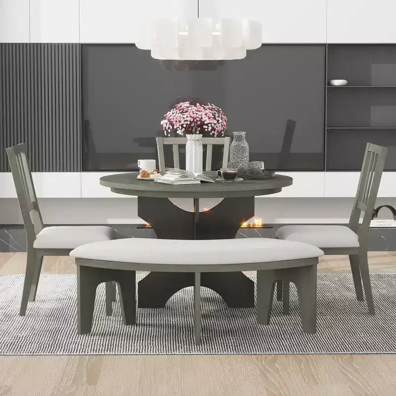 Whisen Set da pranzo rotondo Rustic Charm 5 pezzi con 3 sedie imbottite e panca curva per sala da pranzo, cucina