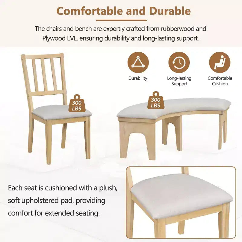 Whisen Set da pranzo rotondo Rustic Charm 5 pezzi con 3 sedie imbottite e panca curva per sala da pranzo, cucina