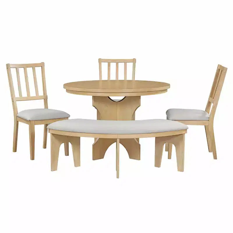 Whisen Set da pranzo rotondo Rustic Charm 5 pezzi con 3 sedie imbottite e panca curva per sala da pranzo, cucina