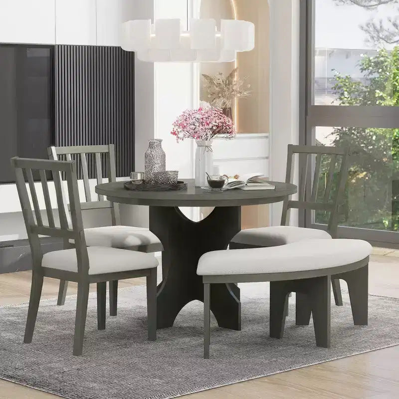 Whisen Set da pranzo rotondo Rustic Charm 5 pezzi con 3 sedie imbottite e panca curva per sala da pranzo, cucina