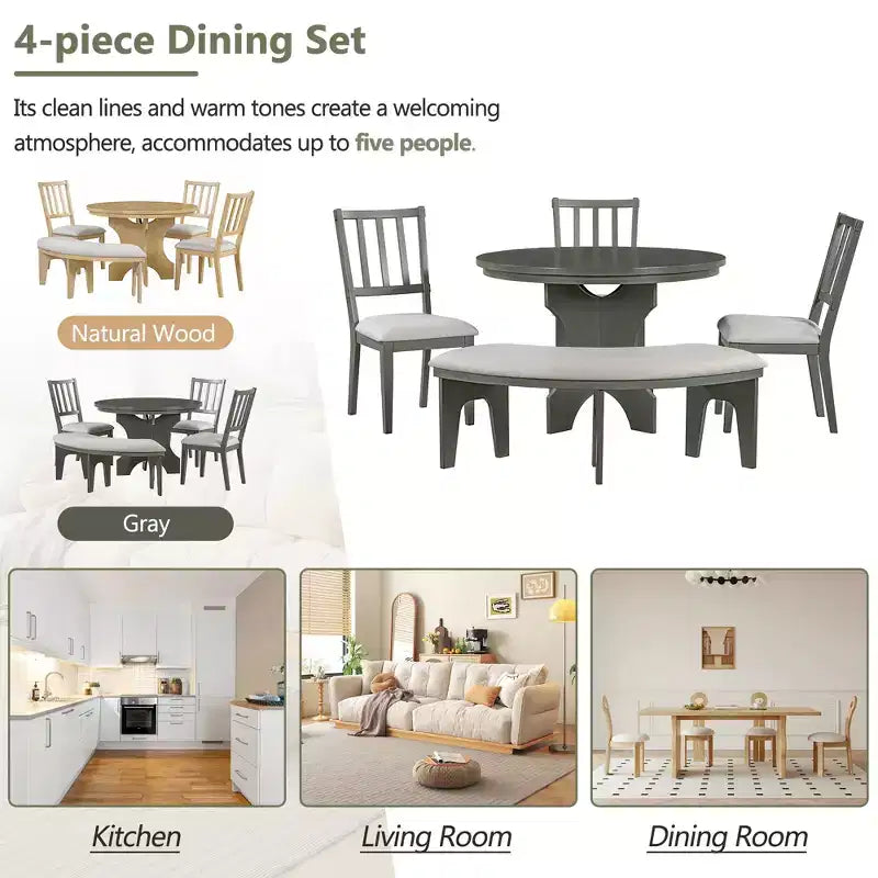 Whisen Set da pranzo rotondo Rustic Charm 5 pezzi con 3 sedie imbottite e panca curva per sala da pranzo, cucina