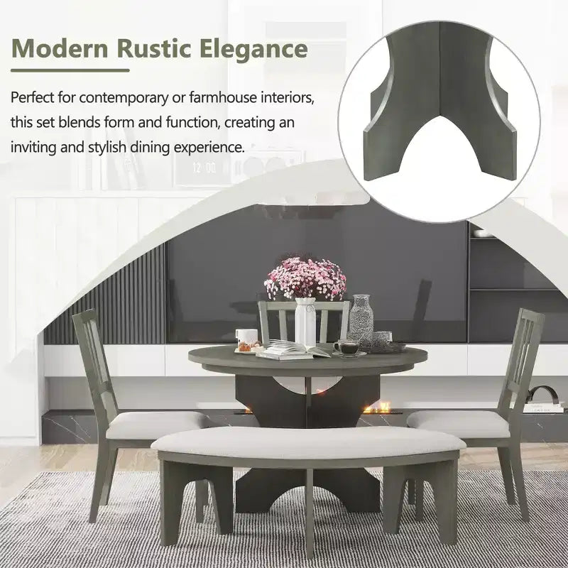 Whisen Set da pranzo rotondo Rustic Charm 5 pezzi con 3 sedie imbottite e panca curva per sala da pranzo, cucina