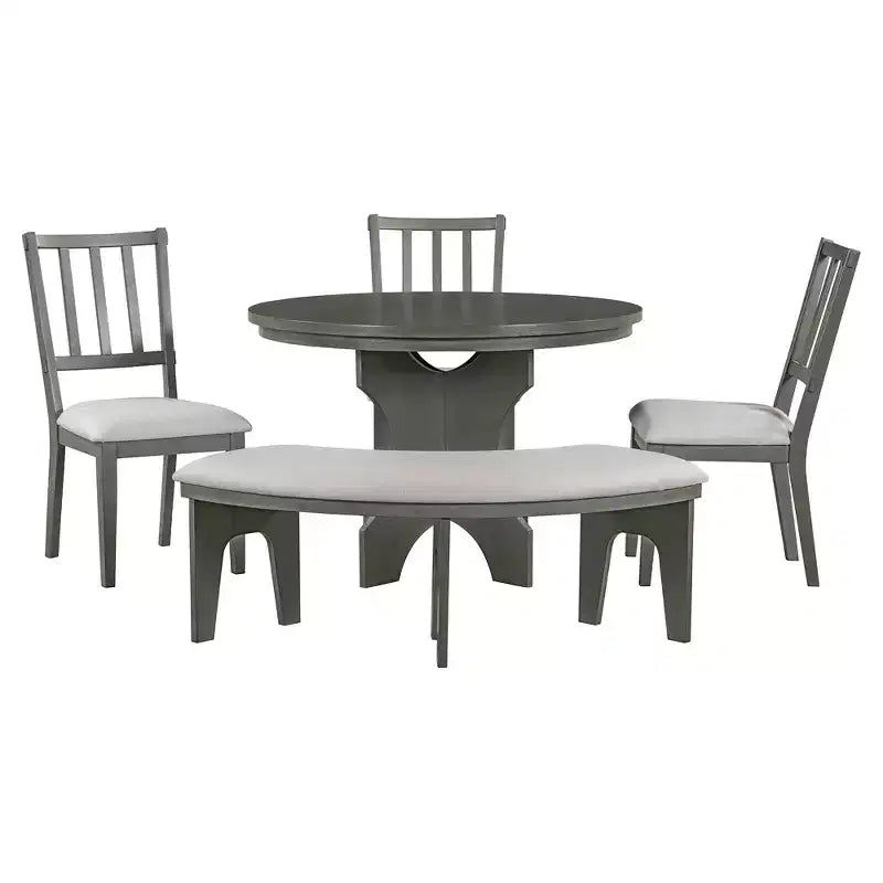 Whisen Set da pranzo rotondo Rustic Charm 5 pezzi con 3 sedie imbottite e panca curva per sala da pranzo, cucina