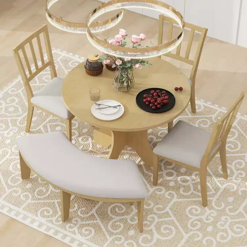 Whisen Set da pranzo rotondo Rustic Charm 5 pezzi con 3 sedie imbottite e panca curva per sala da pranzo, cucina