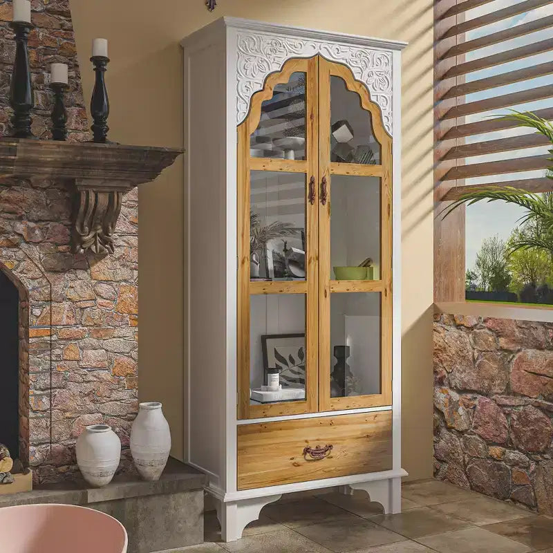 Famapy Armadietto Verticale Bianco con Ante in Vetro Curvo a Motivo Goffrato, Libreria, Vetrina, Dispensa, Mobiletto Laterale