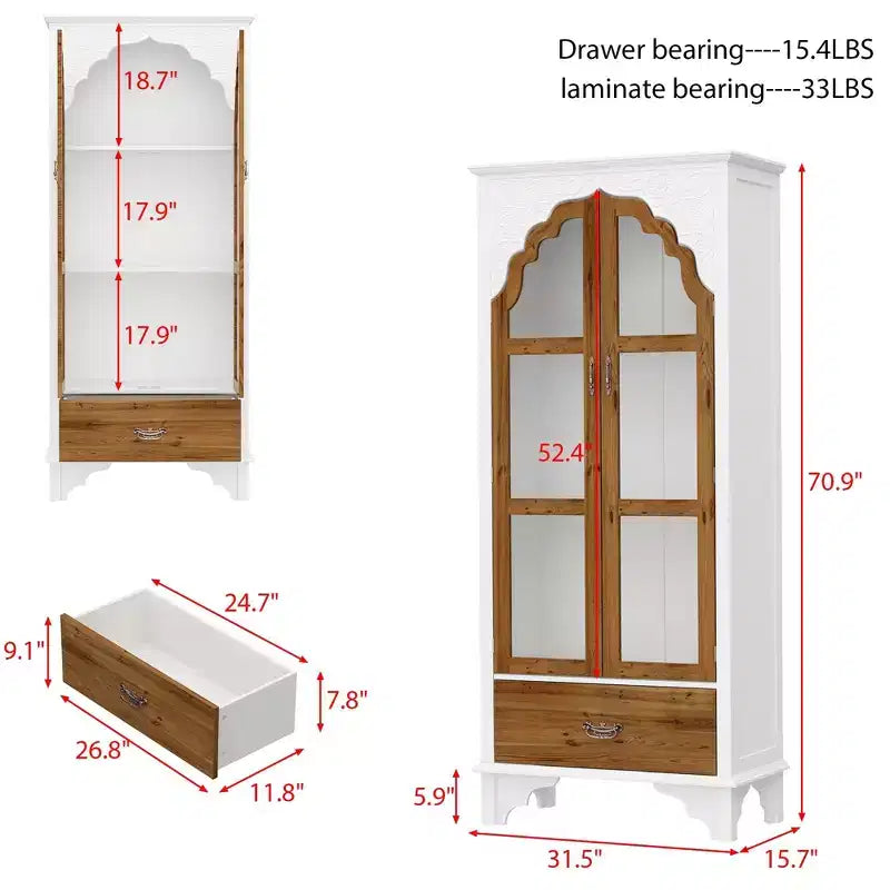 Famapy Armadietto Verticale Bianco con Ante in Vetro Curvo a Motivo Goffrato, Libreria, Vetrina, Dispensa, Mobiletto Laterale