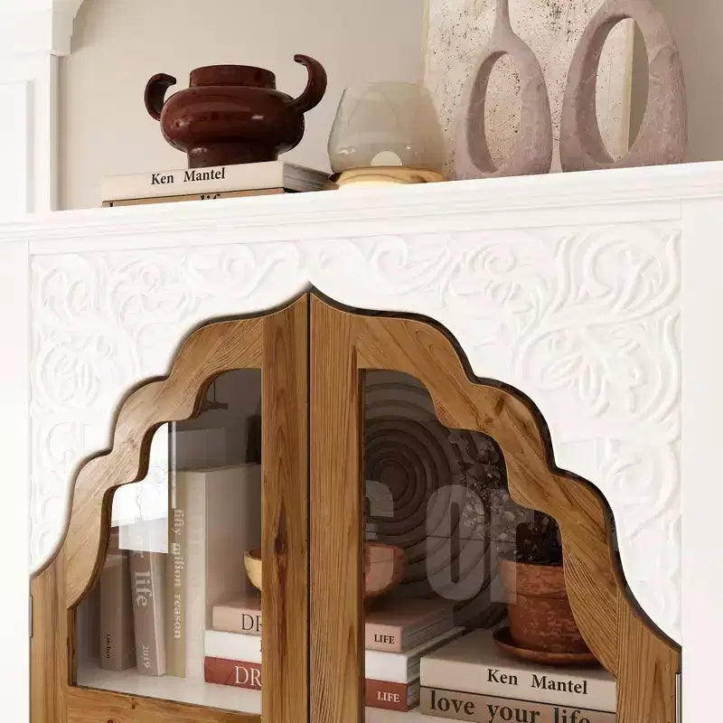 Famapy Armadietto Verticale Bianco con Ante in Vetro Curvo a Motivo Goffrato, Libreria, Vetrina, Dispensa, Mobiletto Laterale