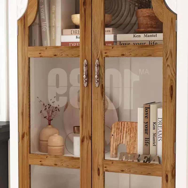 Famapy Armadietto Verticale Bianco con Ante in Vetro Curvo a Motivo Goffrato, Libreria, Vetrina, Dispensa, Mobiletto Laterale