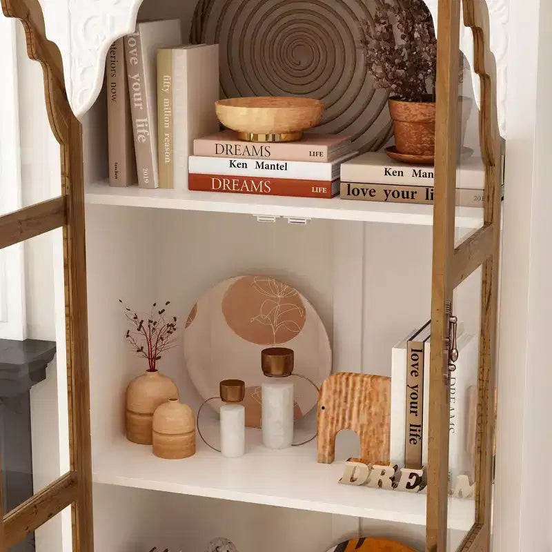 Famapy Armadietto Verticale Bianco con Ante in Vetro Curvo a Motivo Goffrato, Libreria, Vetrina, Dispensa, Mobiletto Laterale
