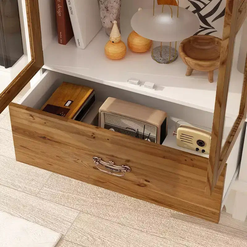 Famapy Armadietto Verticale Bianco con Ante in Vetro Curvo a Motivo Goffrato, Libreria, Vetrina, Dispensa, Mobiletto Laterale