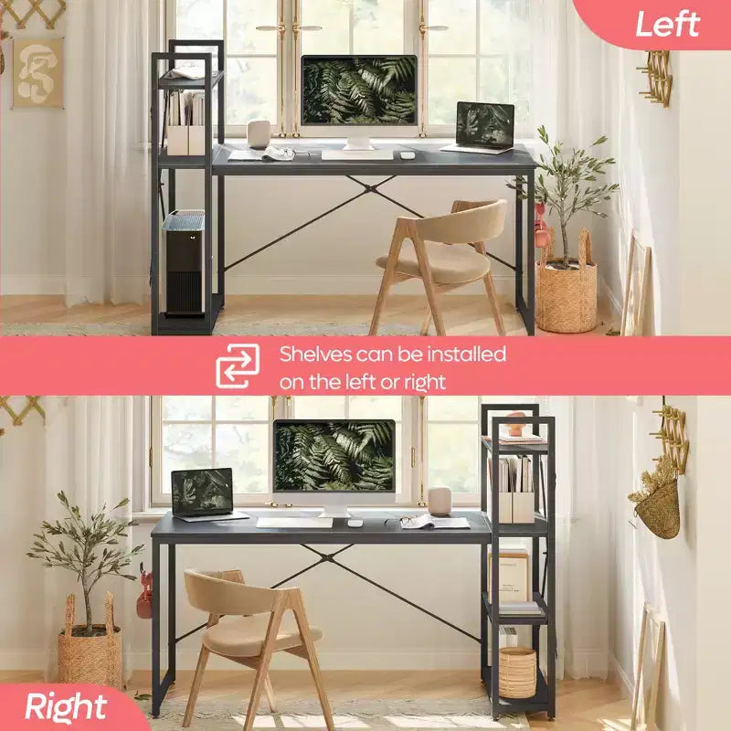 Scrivania per Computer Bestier 63'' con Ripiani portaoggetti e Gancio per Cuffie Quercia, Scrivania per Ufficio Domestico con 4 Ripiani & Piedini Regolabili & Libreria Reversibile