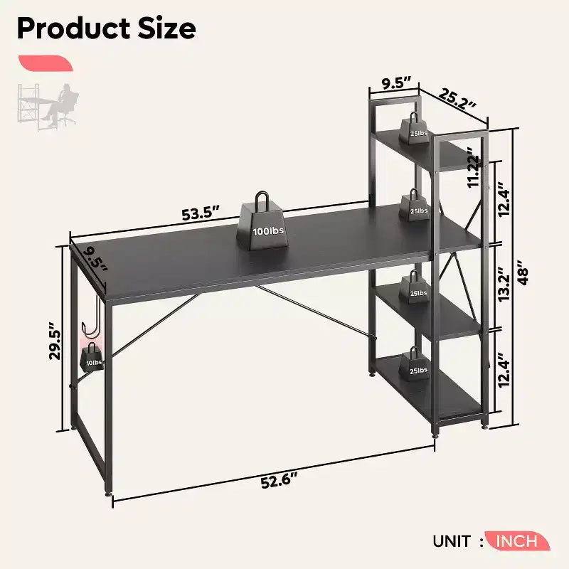Scrivania per Computer Bestier 63'' con Ripiani portaoggetti e Gancio per Cuffie Quercia, Scrivania per Ufficio Domestico con 4 Ripiani & Piedini Regolabili & Libreria Reversibile