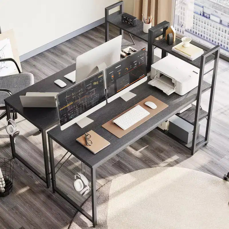Scrivania per Computer Bestier 63'' con Ripiani portaoggetti e Gancio per Cuffie Quercia, Scrivania per Ufficio Domestico con 4 Ripiani & Piedini Regolabili & Libreria Reversibile