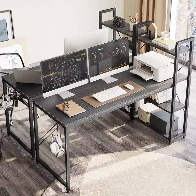 Scrivania per Computer Bestier 63'' con Ripiani portaoggetti e Gancio per Cuffie Quercia, Scrivania per Ufficio Domestico con 4 Ripiani & Piedini Regolabili & Libreria Reversibile