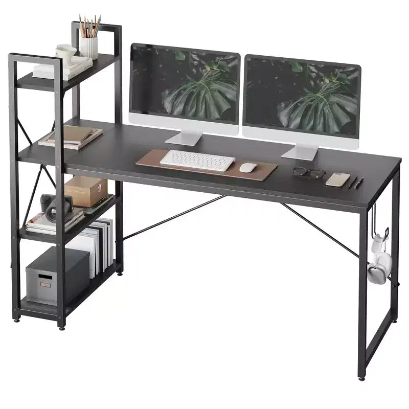 Scrivania per Computer Bestier 63'' con Ripiani portaoggetti e Gancio per Cuffie Quercia, Scrivania per Ufficio Domestico con 4 Ripiani & Piedini Regolabili & Libreria Reversibile