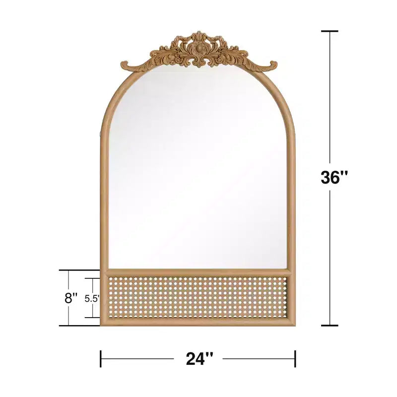 Specchio da parete PexFix classico con cornice ad arco intagliata in legno e base in rattan