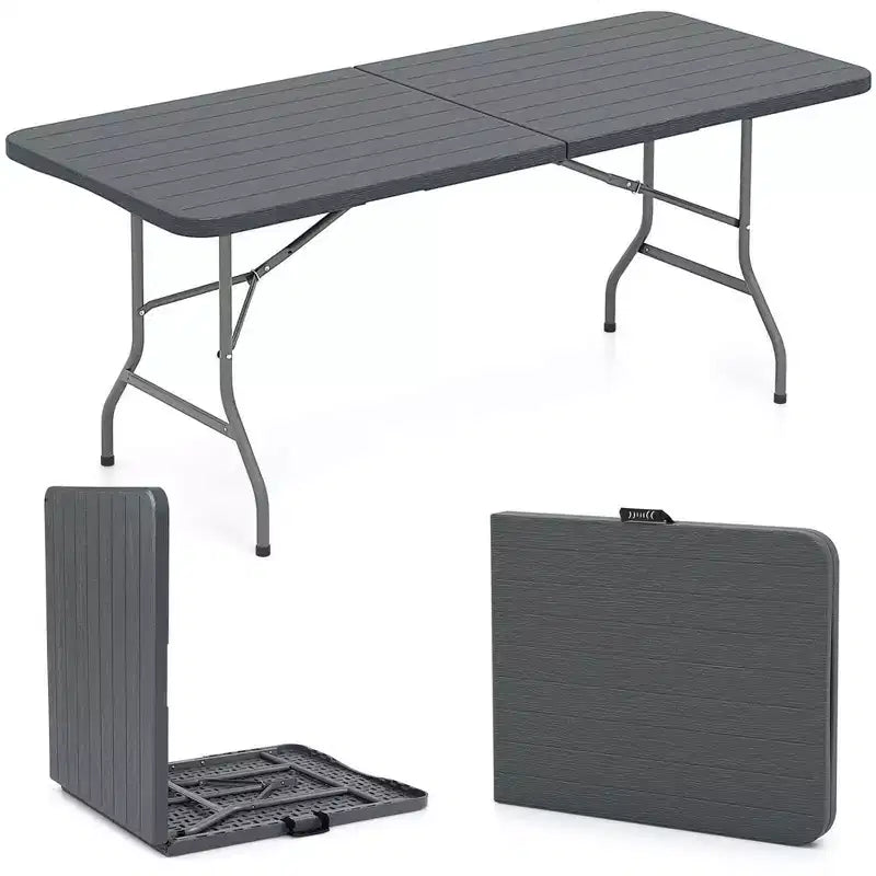 Tavolo Pieghevole Portatile Costway 183 cm con Piano in HDPE Effetto Legno e Meccanismo di Blocco Sicuro Grigio/Marrone