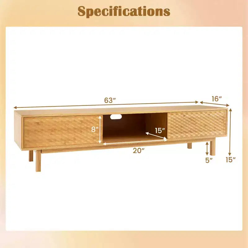 Mobile TV Costway da 63" in Bambù con 3 Cubi Contenitori Ante Scorrevoli Mobile Contenitore Stile Mid-Century