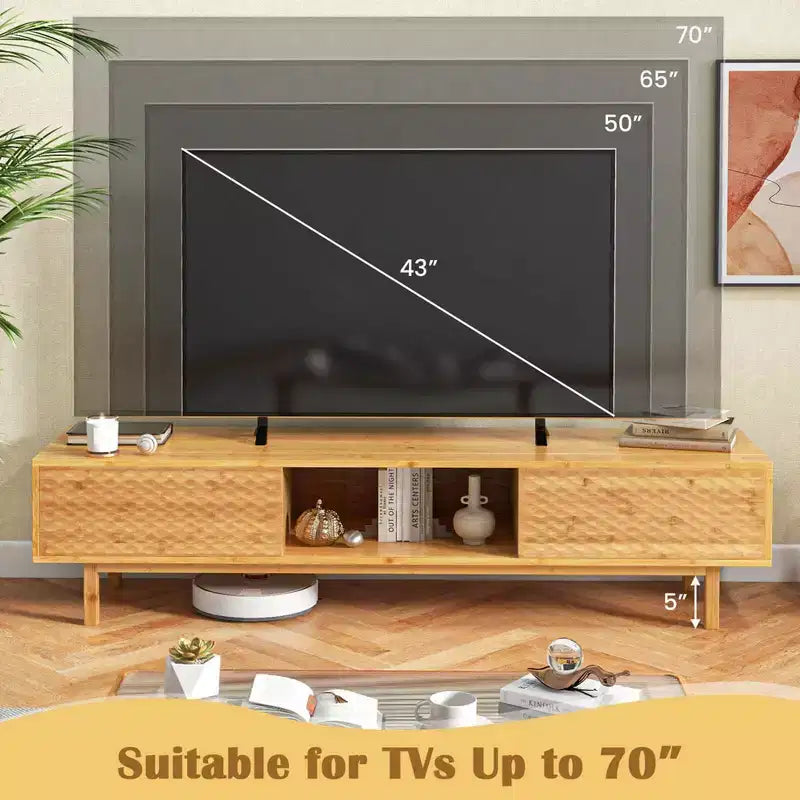 Mobile TV Costway da 63" in Bambù con 3 Cubi Contenitori Ante Scorrevoli Mobile Contenitore Stile Mid-Century